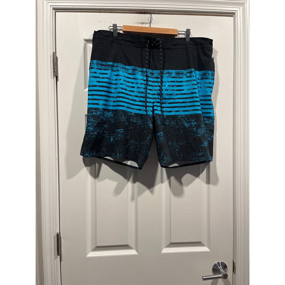 George Mens E-Board Swim Trunks XL Black Blue Striped 9" Inseam UPF 50+ GM20601Y